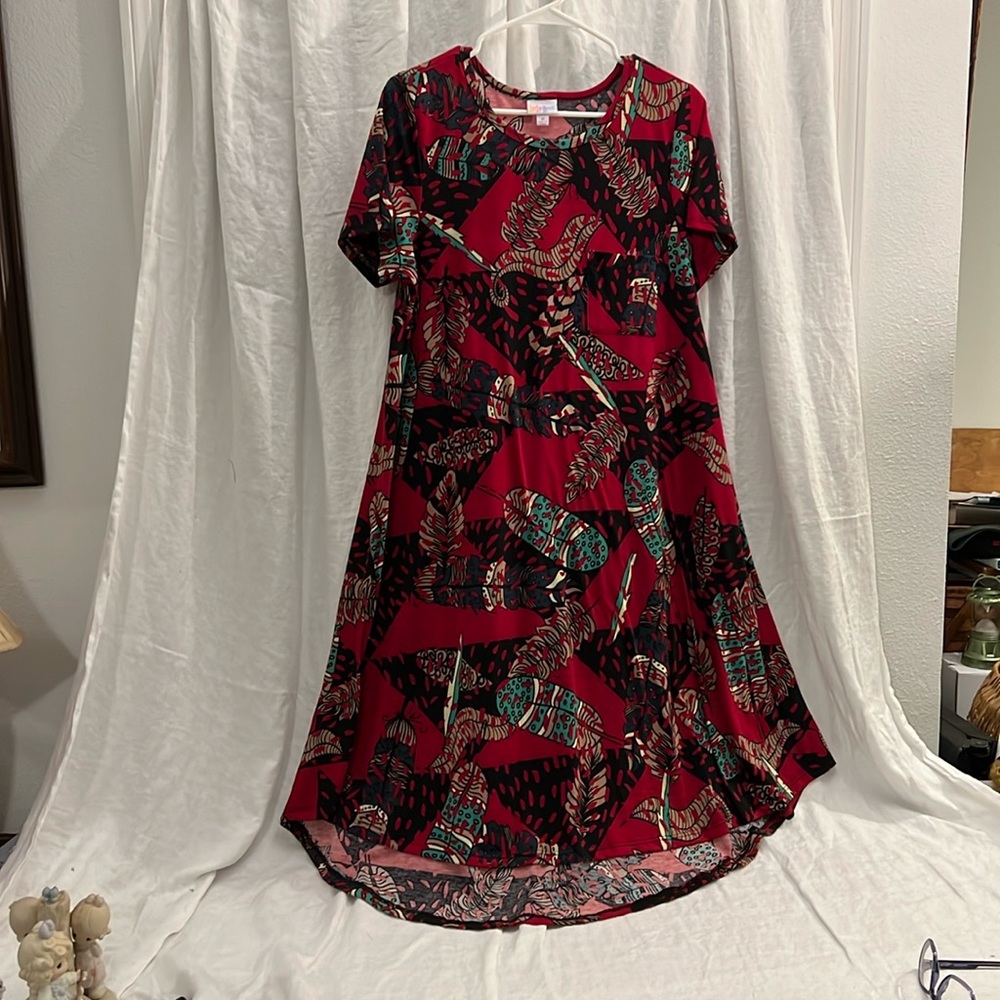 Lularoe Carly dress- multi color leaves- base color cranberry